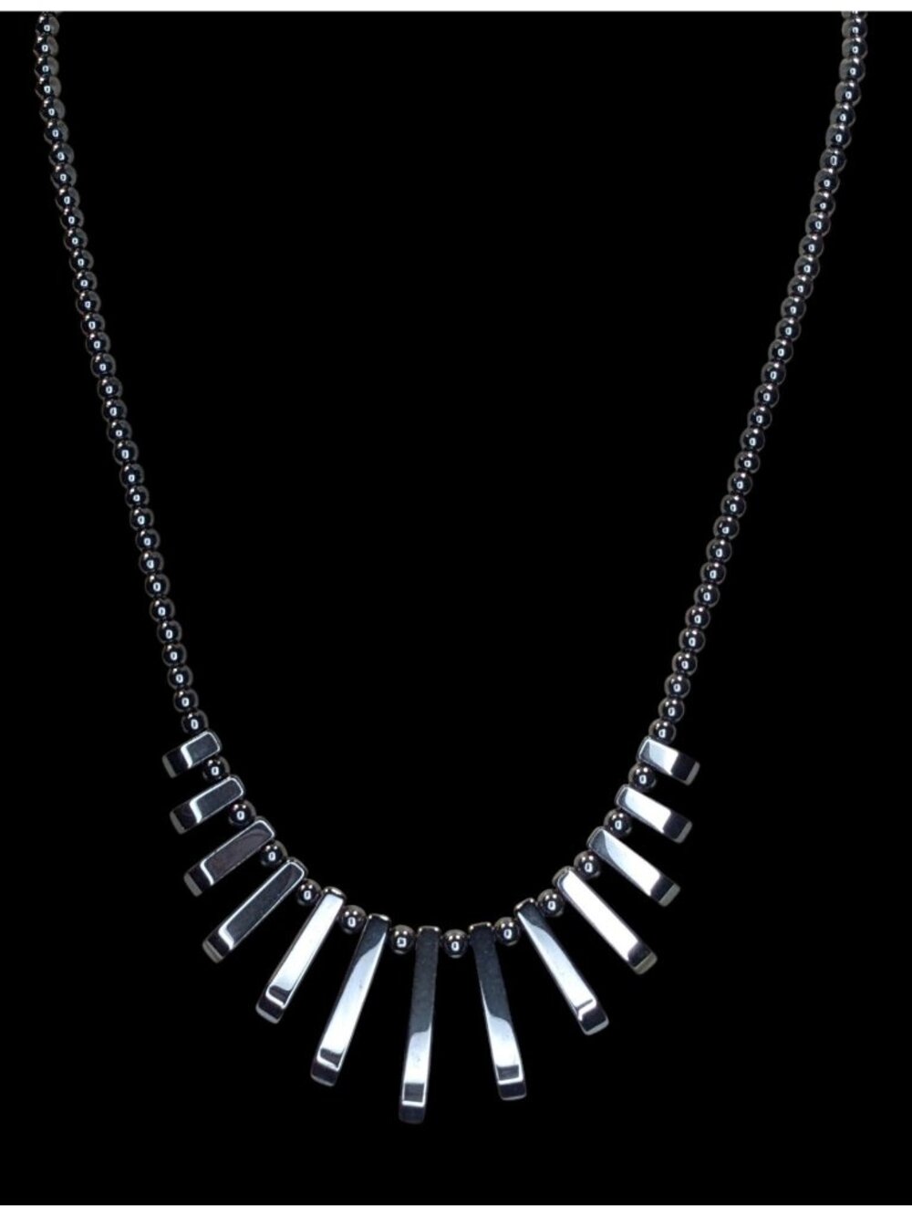 Vintage Boho Gothic Handmade Hematite Graduated Fringe Statement Necklace